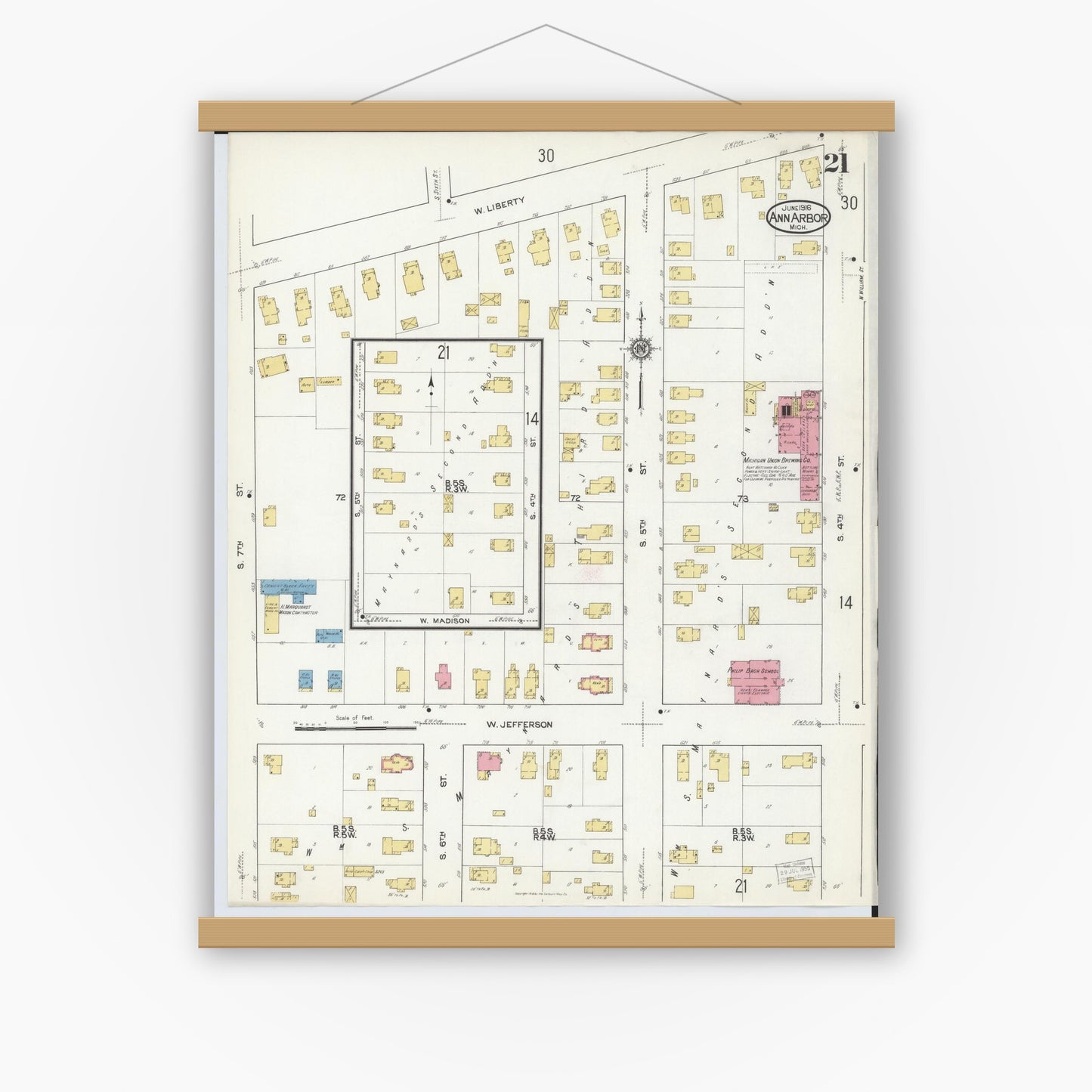 Old map wall art mockup — magnetic wood frame on white wall — Sanborn Fire Insurance Map from Ann Arbor, Washtenaw County, Michigan (1916), Sheet #0021
