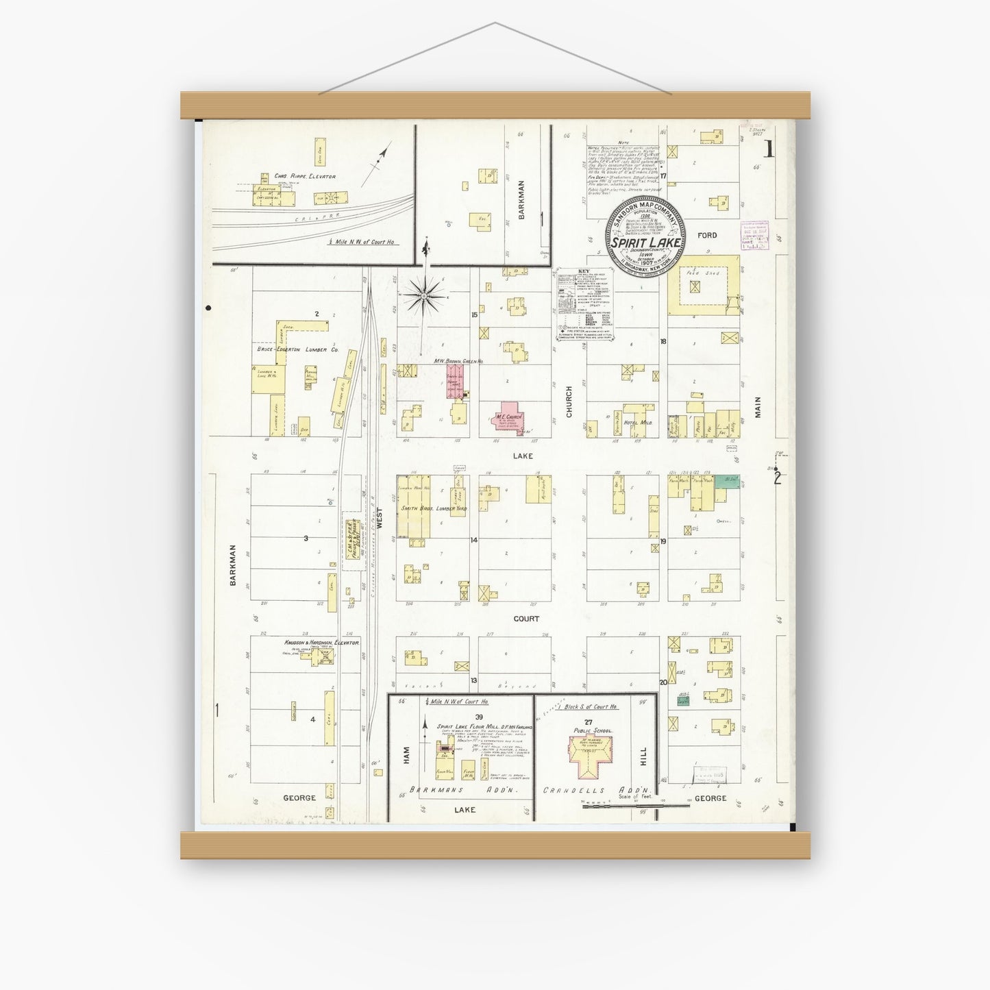 Old map wall art mockup — magnetic wood frame on white wall — Sanborn Fire Insurance Map from Spirit Lake, Dickinson County, Iowa (1907), Sheet #0001