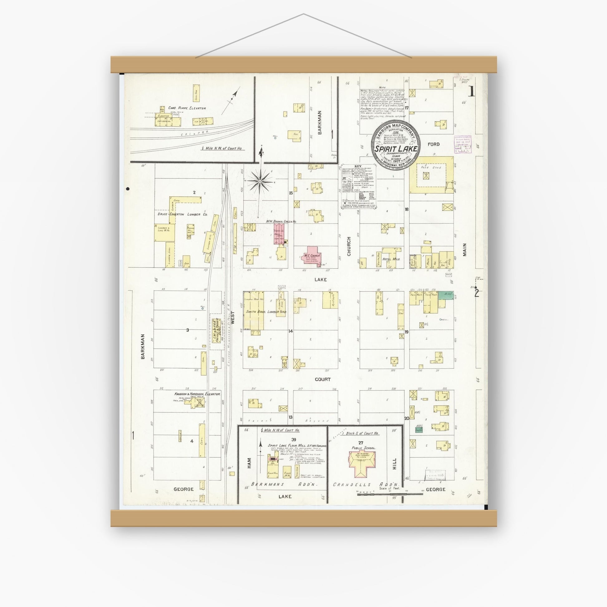 Old map wall art mockup — magnetic wood frame on white wall — Sanborn Fire Insurance Map from Spirit Lake, Dickinson County, Iowa (1907), Sheet #0001
