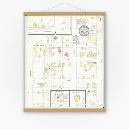Old map wall art mockup — magnetic wood frame on white wall — Sanborn Fire Insurance Map from Spirit Lake, Dickinson County, Iowa (1907), Sheet #0001