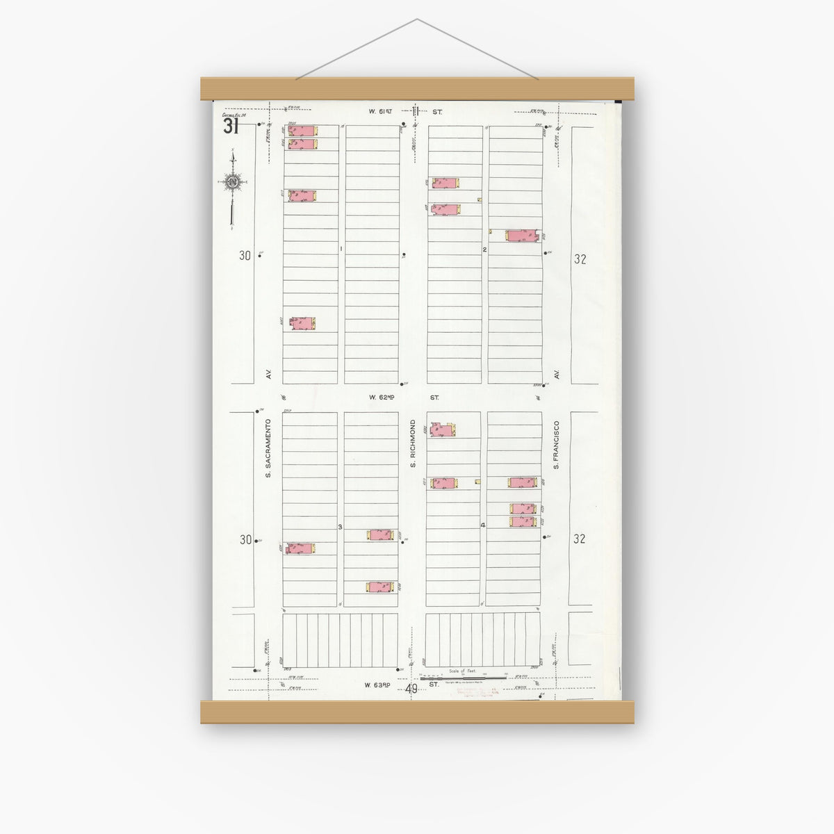 Old map wall art mockup — magnetic wood frame on white wall — Sanborn Fire Insurance Map from Chicago, Cook County, Illinois (1920), Sheet #0031