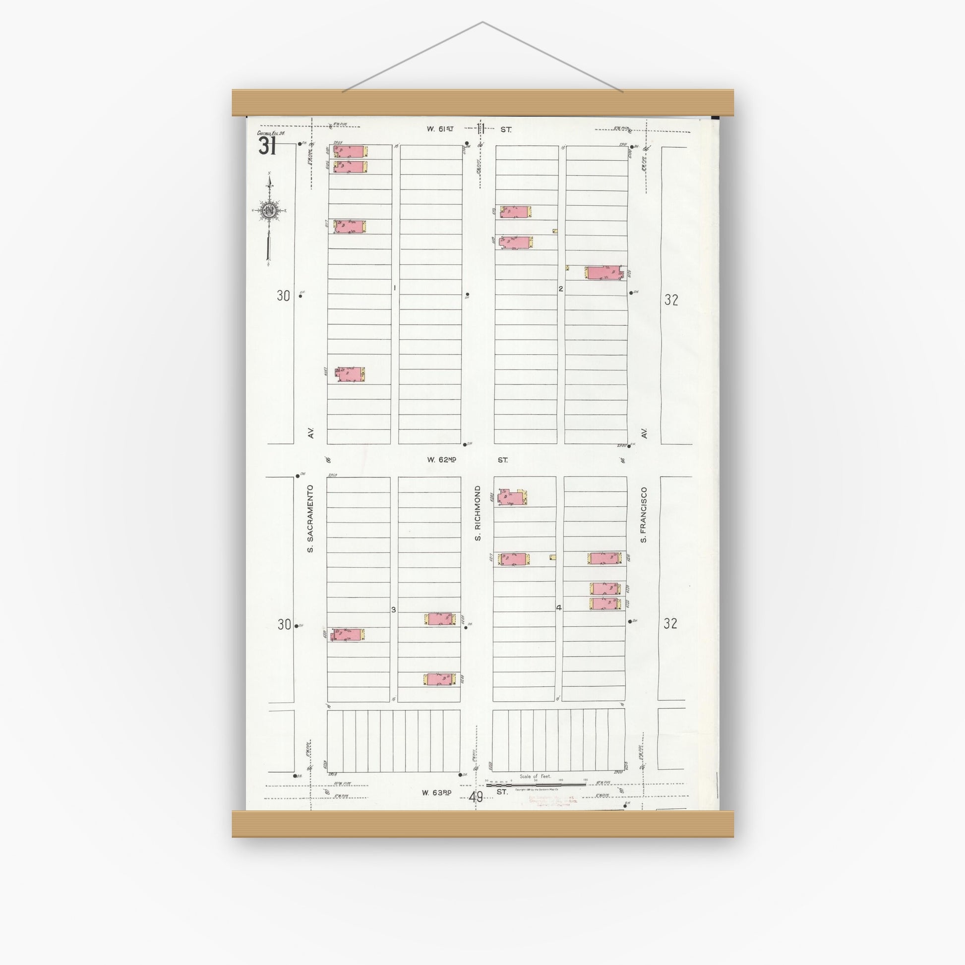 Old map wall art mockup — magnetic wood frame on white wall — Sanborn Fire Insurance Map from Chicago, Cook County, Illinois (1920), Sheet #0031