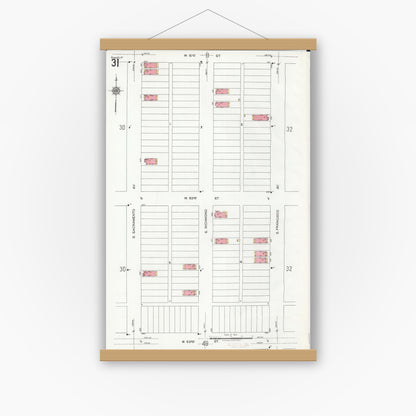 Old map wall art mockup — magnetic wood frame on white wall — Sanborn Fire Insurance Map from Chicago, Cook County, Illinois (1920), Sheet #0031