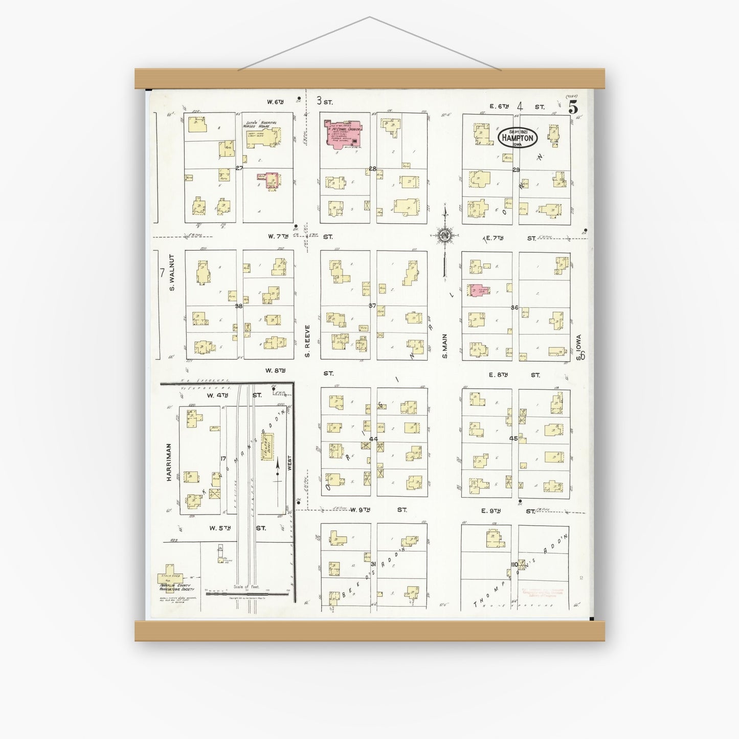 Old map wall art mockup — magnetic wood frame on white wall — Sanborn Fire Insurance Map from Hampton, Franklin County, Iowa (1921), Sheet #0005