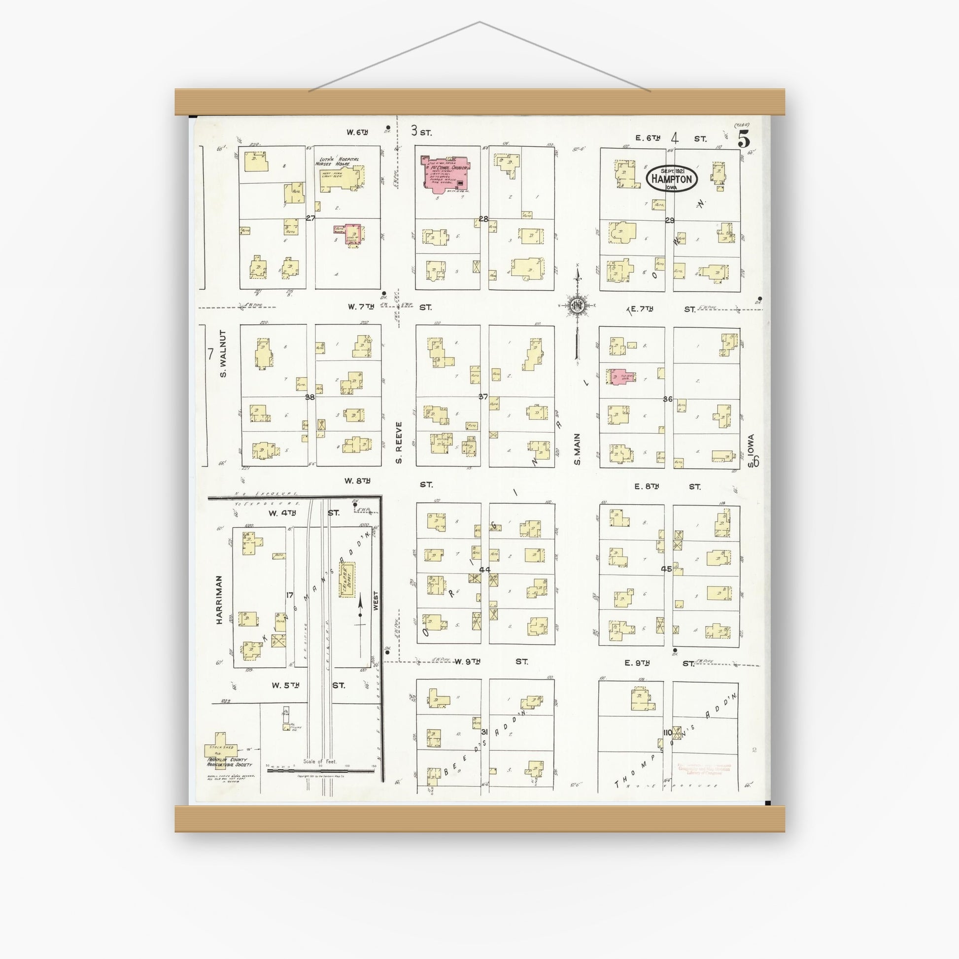Old map wall art mockup — magnetic wood frame on white wall — Sanborn Fire Insurance Map from Hampton, Franklin County, Iowa (1921), Sheet #0005