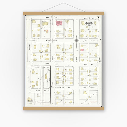 Old map wall art mockup — magnetic wood frame on white wall — Sanborn Fire Insurance Map from Hampton, Franklin County, Iowa (1921), Sheet #0005