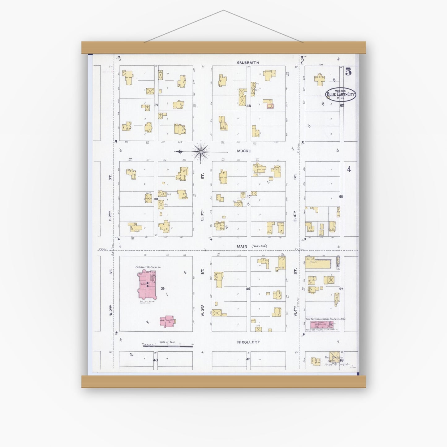 Old map wall art mockup — magnetic wood frame on white wall — Sanborn Fire Insurance Map from Blue Earth, Faribault County, Minnesota (1905), Sheet #0005