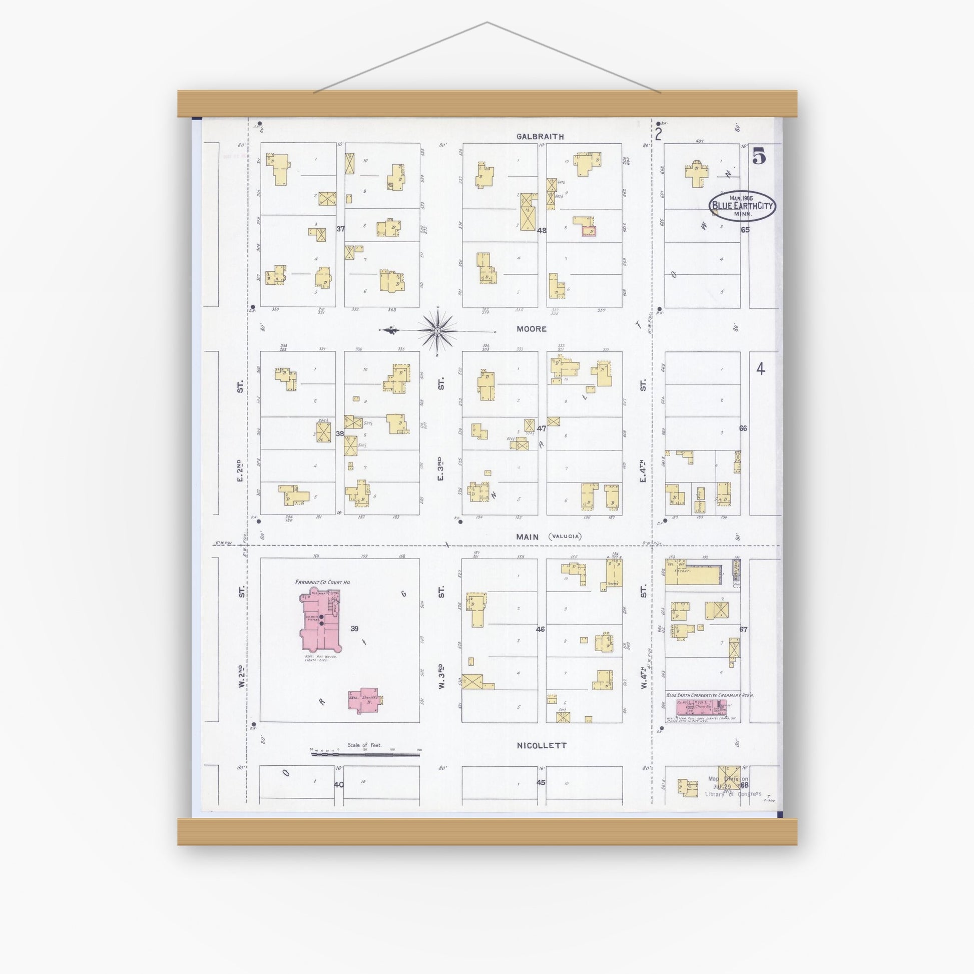 Old map wall art mockup — magnetic wood frame on white wall — Sanborn Fire Insurance Map from Blue Earth, Faribault County, Minnesota (1905), Sheet #0005