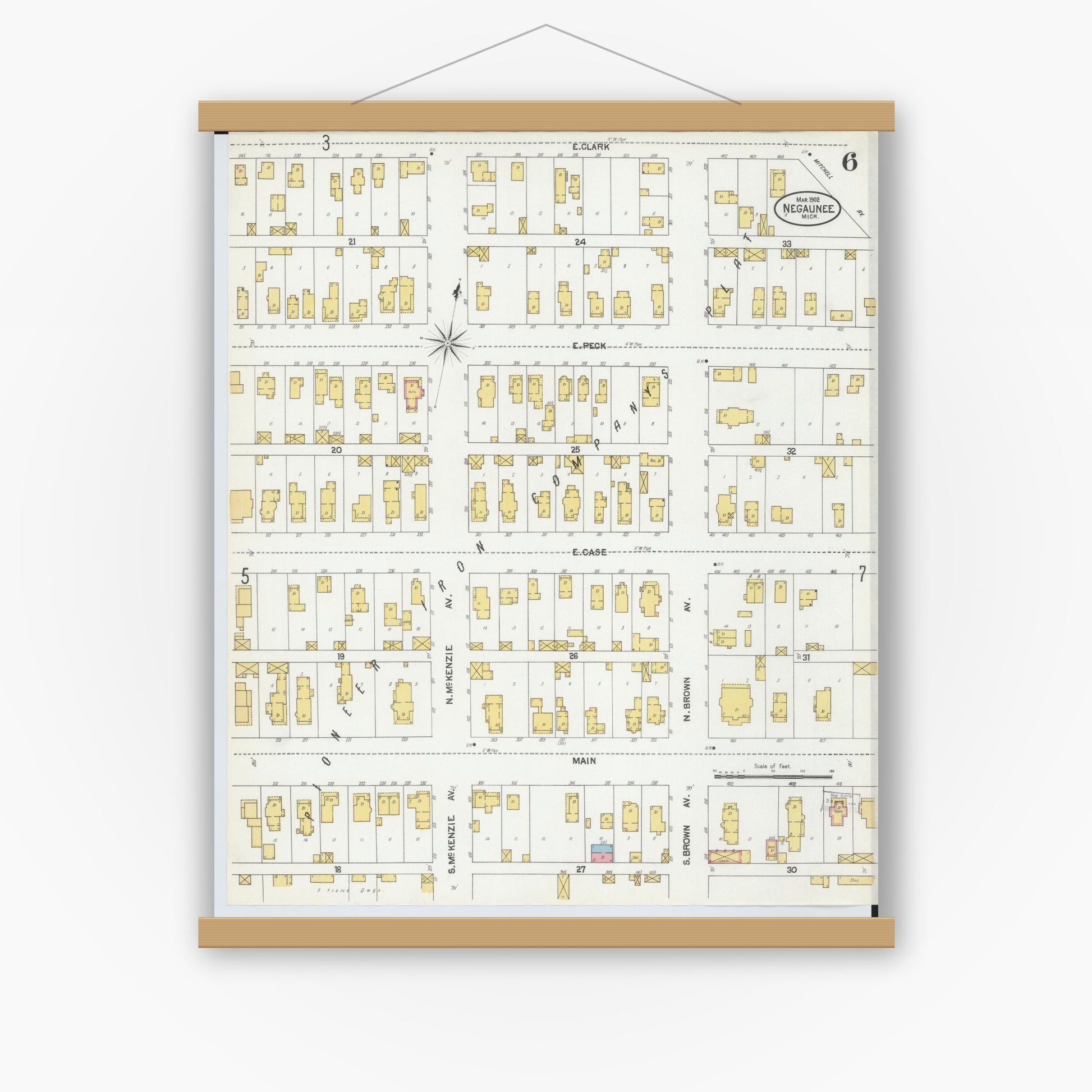 Old map wall art mockup — magnetic wood frame on white wall — Sanborn Fire Insurance Map from Negaunee, Marquette County, Michigan (1902), Sheet #0006