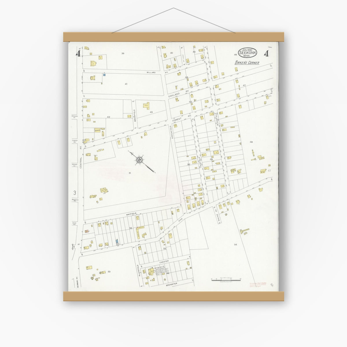 Old map wall art mockup — magnetic wood frame on white wall — Sanborn Fire Insurance Map from Seekonk, Bristol County, Massachusetts (1930), Sheet #0004