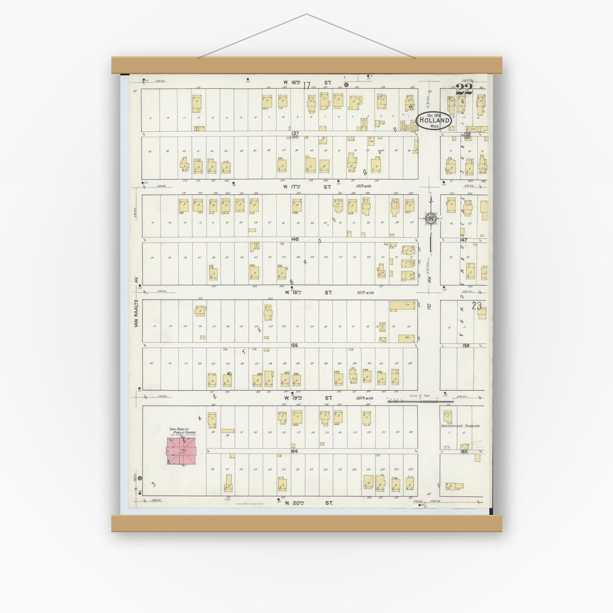 Old map wall art mockup — magnetic wood frame on white wall — Sanborn Fire Insurance Map from Holland, Ottawa County, Michigan (1916), Sheet #0022