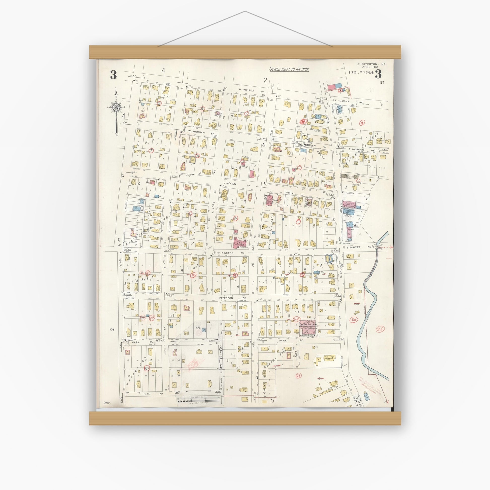Old map wall art mockup — magnetic wood frame on white wall — Sanborn Fire Insurance Map from Chesterton, Porter County, Indiana (1951), Sheet #0003