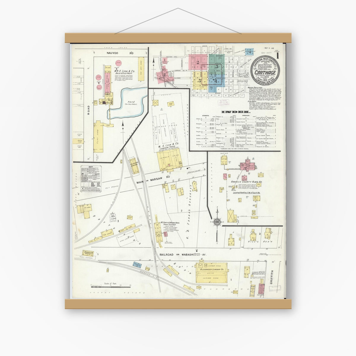 Old map wall art mockup — magnetic wood frame on white wall — Sanborn Fire Insurance Map from Carthage, Hancock County, Illinois (1912), Sheet #0001