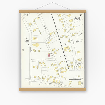 Old map wall art mockup — magnetic wood frame on white wall — Sanborn Fire Insurance Map from Webster, Worcester County, Massachusetts (1911), Sheet #0013