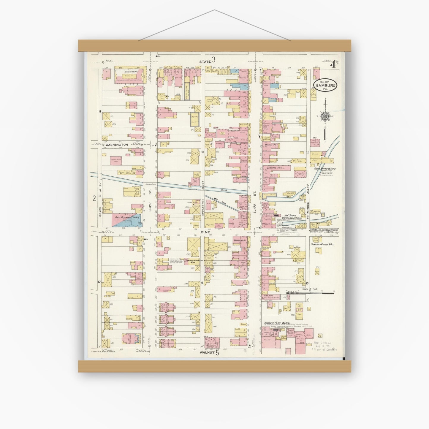 Old map wall art mockup — magnetic wood frame on white wall — Sanborn Fire Insurance Map from Hamburg, Berks County, Pennsylvania (1910), Sheet #0004