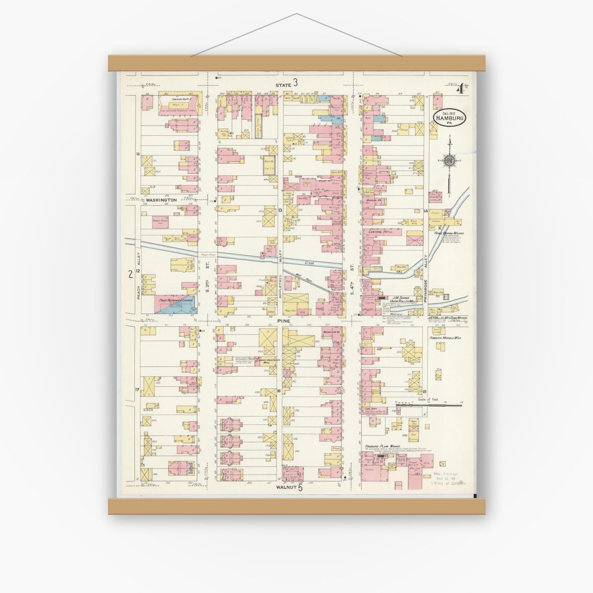 Old map wall art mockup — magnetic wood frame on white wall — Sanborn Fire Insurance Map from Hamburg, Berks County, Pennsylvania (1910), Sheet #0004