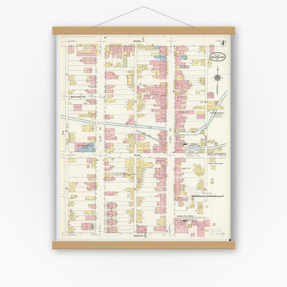 Old map wall art mockup — magnetic wood frame on white wall — Sanborn Fire Insurance Map from Hamburg, Berks County, Pennsylvania (1910), Sheet #0004
