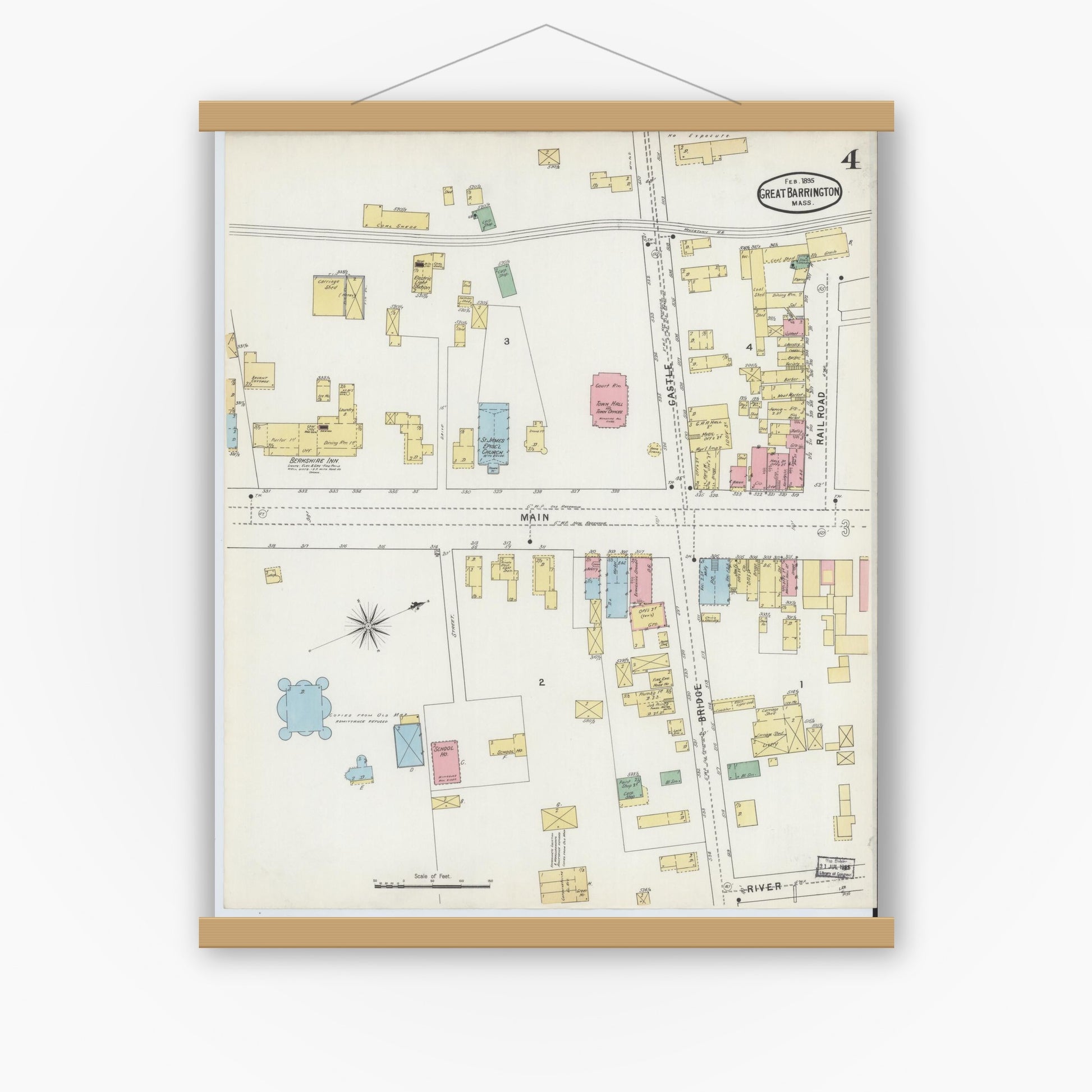 Old map wall art mockup — magnetic wood frame on white wall — Sanborn Fire Insurance Map from Great Barrington, Berkshire County, Massachusetts (1895), Sheet #0004
