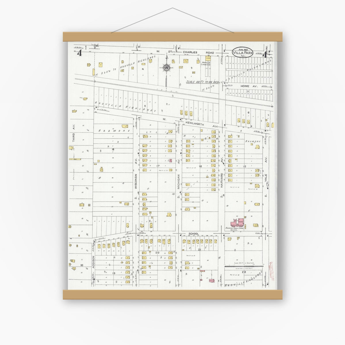 Old map wall art mockup — magnetic wood frame on white wall — Sanborn Fire Insurance Map from Villa Park, Du Page County, Illinois (1925), Sheet #0004