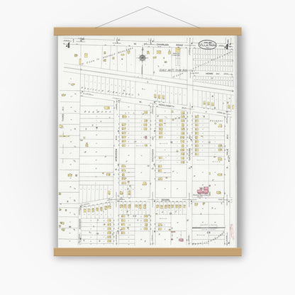 Old map wall art mockup — magnetic wood frame on white wall — Sanborn Fire Insurance Map from Villa Park, Du Page County, Illinois (1925), Sheet #0004