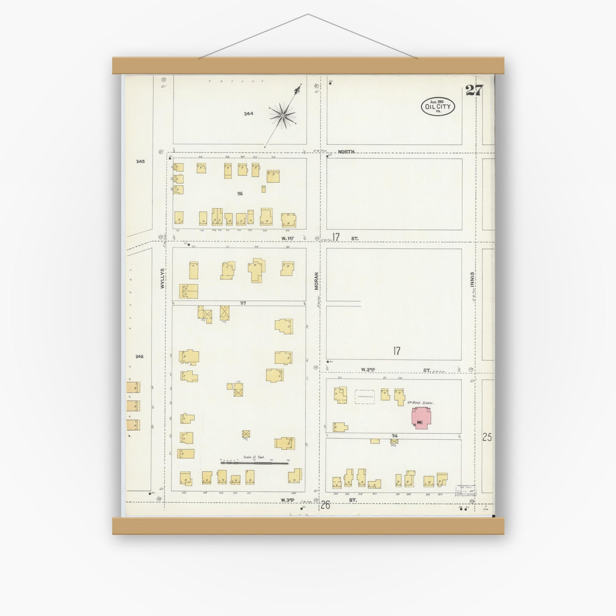 Old map wall art mockup — magnetic wood frame on white wall — Sanborn Fire Insurance Map from Oil City, Venango County, Pennsylvania (1906), Sheet #0027