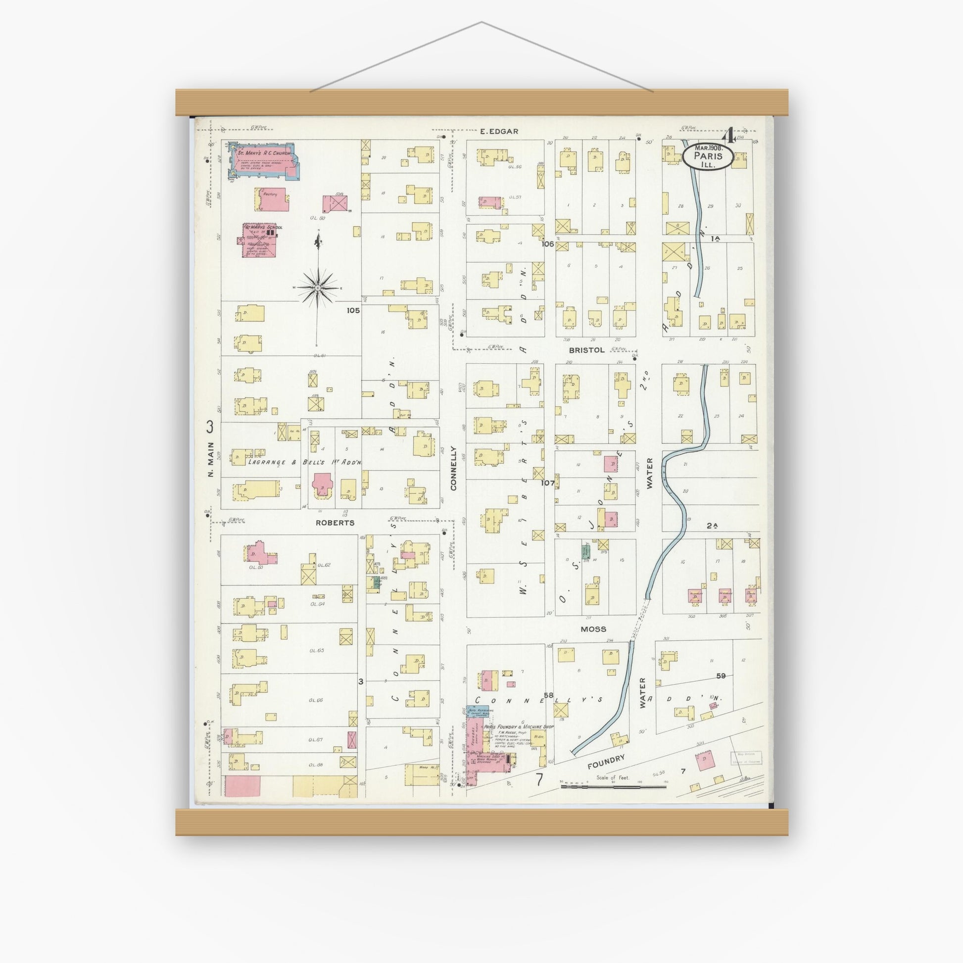 Old map wall art mockup — magnetic wood frame on white wall — Sanborn Fire Insurance Map from Paris, Edgar County, Illinois (1908), Sheet #0004