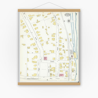 Old map wall art mockup — magnetic wood frame on white wall — Sanborn Fire Insurance Map from Addison, Steuben County, New York (1909), Sheet #0007