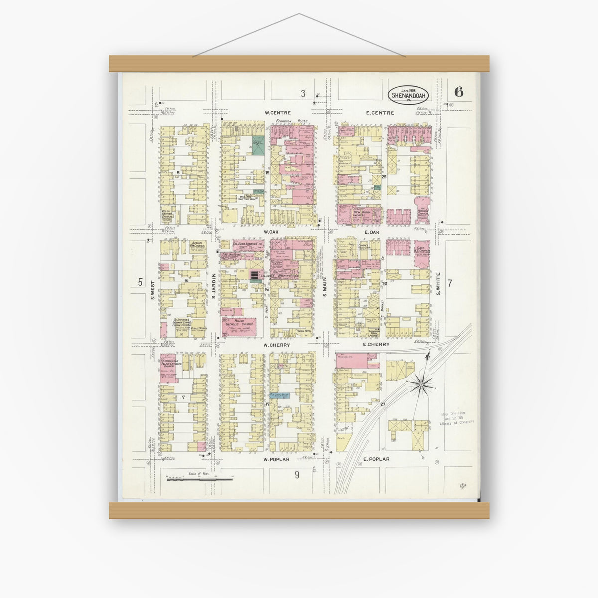Old map wall art mockup — magnetic wood frame on white wall — Sanborn Fire Insurance Map from Shenandoah, Schuylkill County, Pennsylvania (1908), Sheet #0006