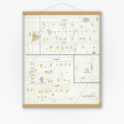 Old map wall art mockup — magnetic wood frame on white wall — Sanborn Fire Insurance Map from Nevada, Vernon County, Missouri (1900), Sheet #0007