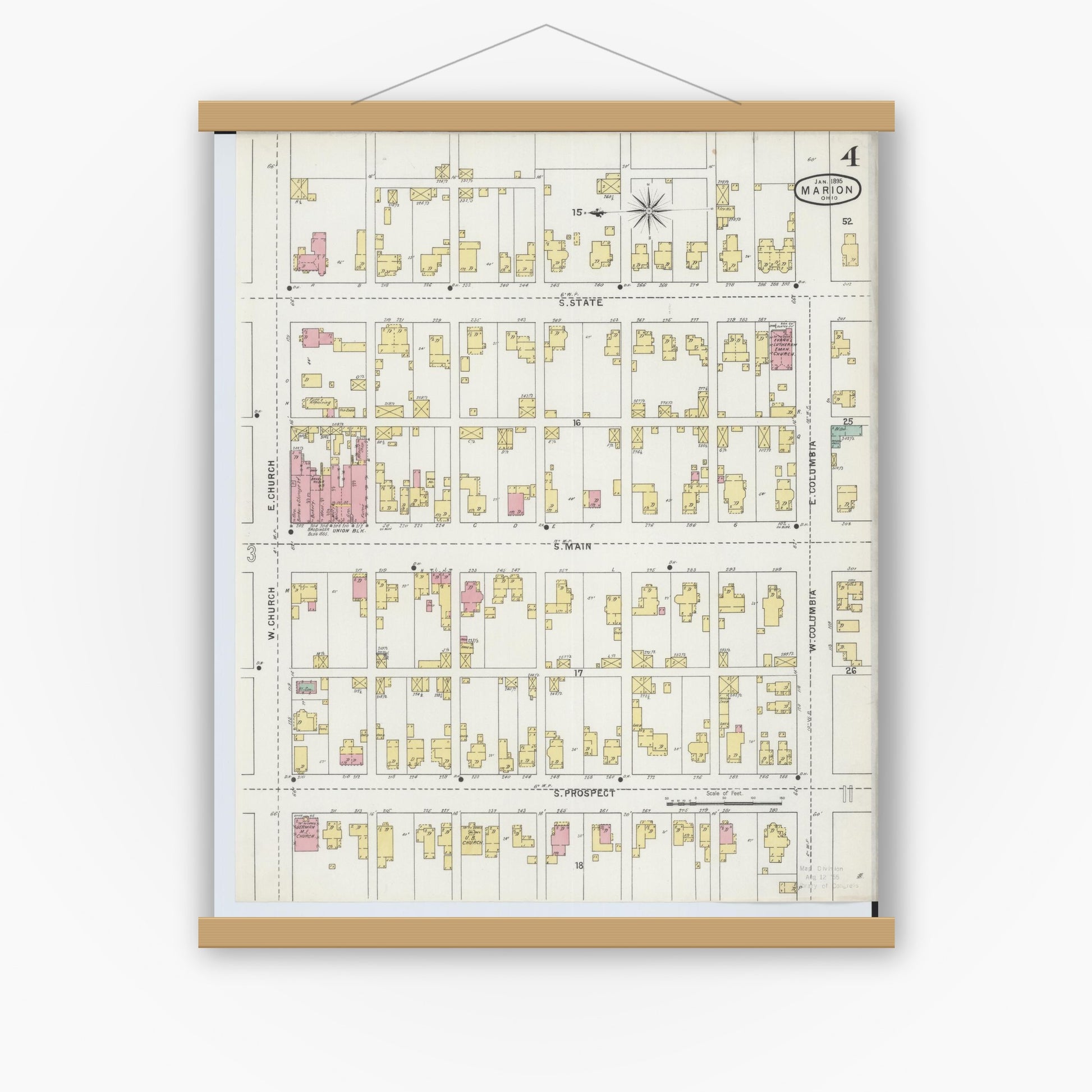 Old map wall art mockup — magnetic wood frame on white wall — Sanborn Fire Insurance Map from Marion, Marion County, Ohio (1895), Sheet #0004