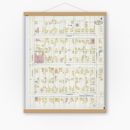 Old map wall art mockup — magnetic wood frame on white wall — Sanborn Fire Insurance Map from Marion, Marion County, Ohio (1895), Sheet #0004