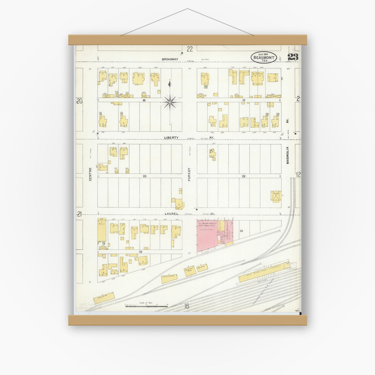 Old map wall art mockup — magnetic wood frame on white wall — Sanborn Fire Insurance Map from Beaumont, Jefferson County, Texas (1904), Sheet #0023
