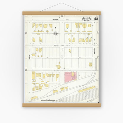 Old map wall art mockup — magnetic wood frame on white wall — Sanborn Fire Insurance Map from Beaumont, Jefferson County, Texas (1904), Sheet #0023