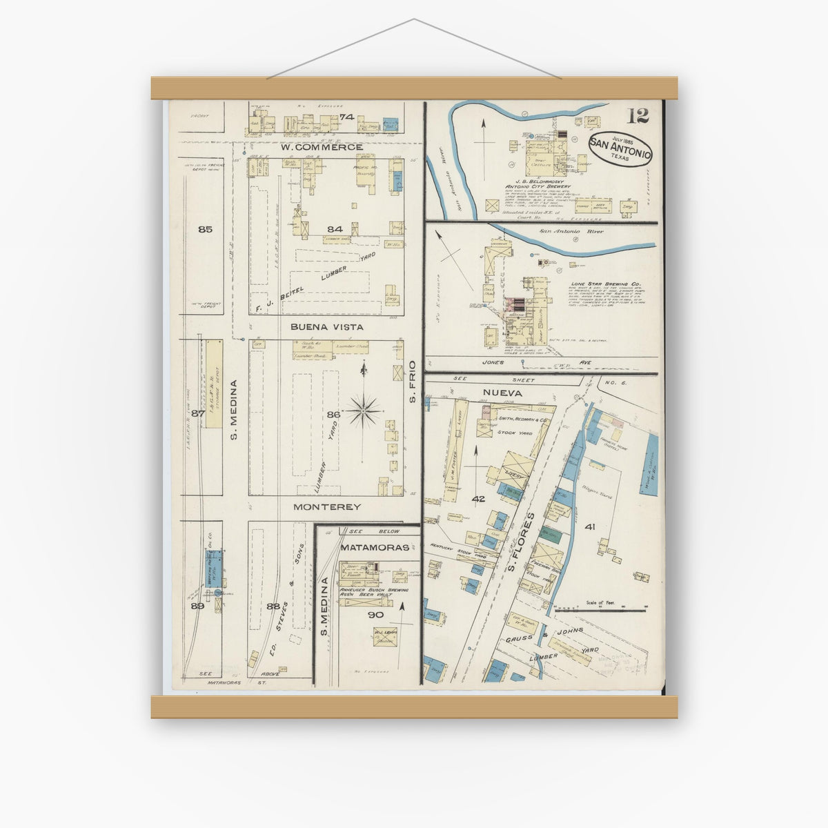 Old map wall art mockup — magnetic wood frame on white wall — Sanborn Fire Insurance Map from San Antonio, Bexar County, Texas (1885), Sheet #0012