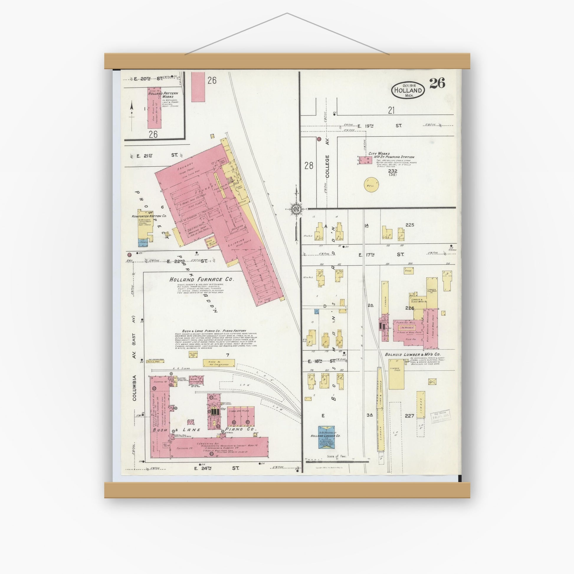 Old map wall art mockup — magnetic wood frame on white wall — Sanborn Fire Insurance Map from Holland, Ottawa County, Michigan (1916), Sheet #0026