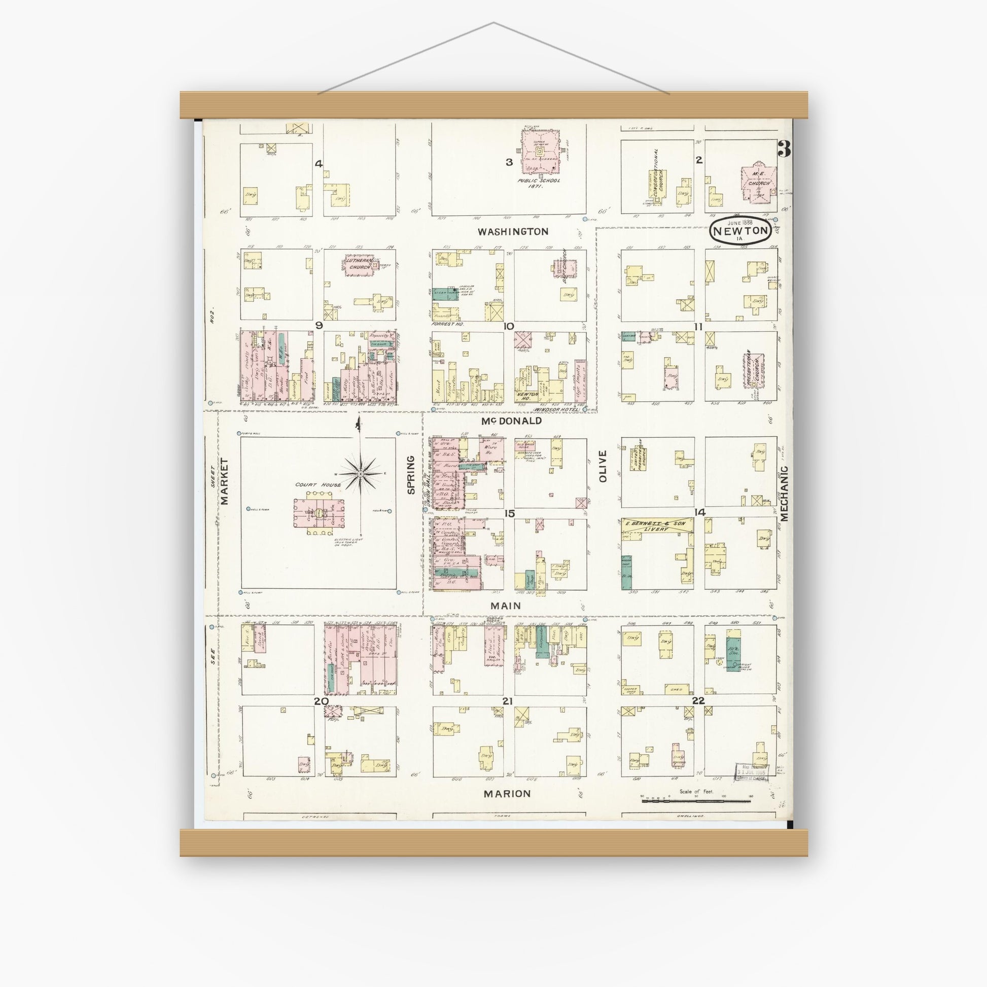 Old map wall art mockup — magnetic wood frame on white wall — Sanborn Fire Insurance Map from Newton, Jasper County, Iowa (1888), Sheet #0003