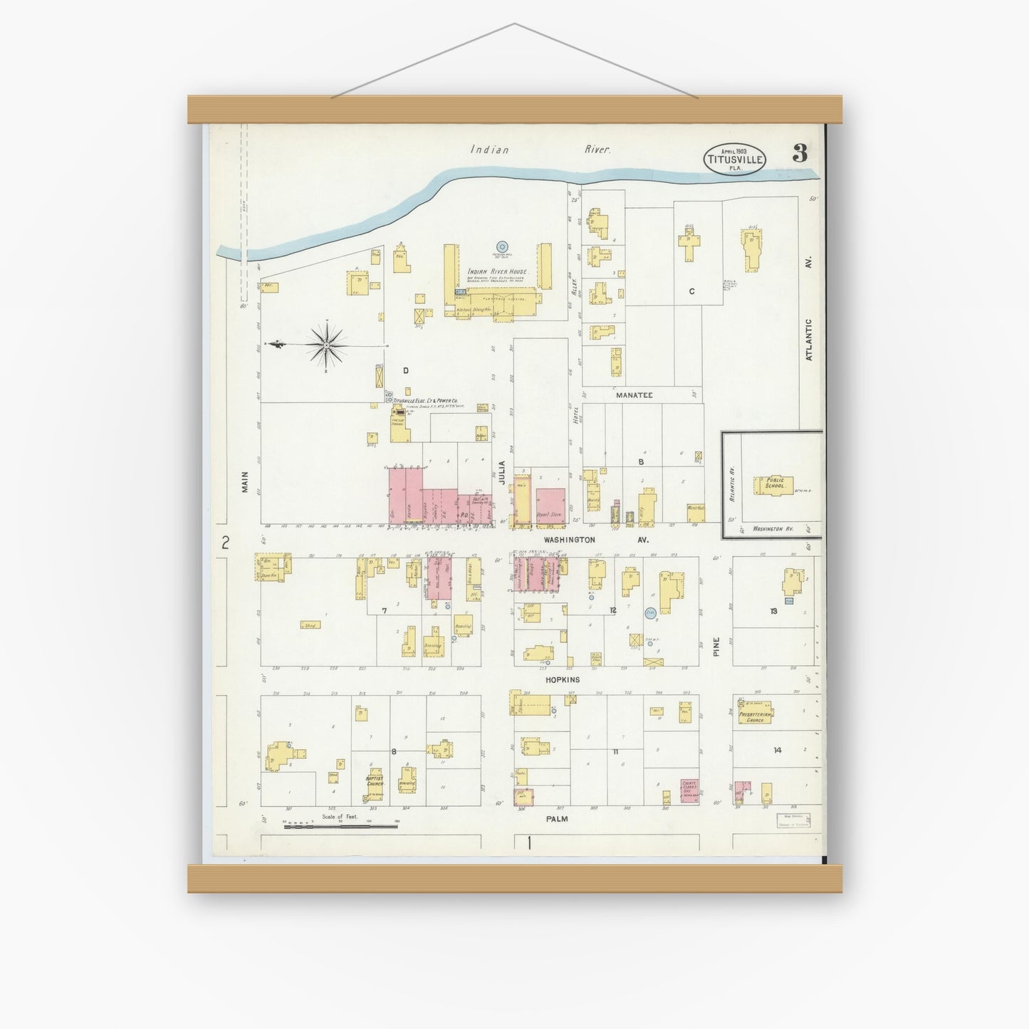 Old map wall art mockup — magnetic wood frame on white wall — Sanborn Fire Insurance Map from Titusville, Brevard County, Florida (1903), Sheet #0003