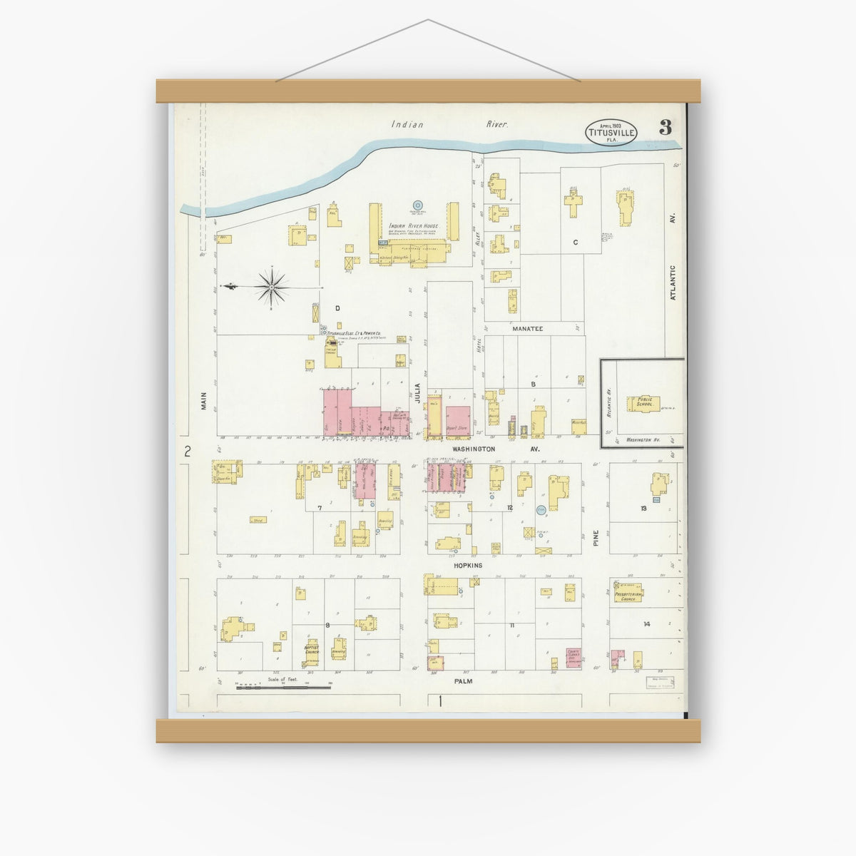 Old map wall art mockup — magnetic wood frame on white wall — Sanborn Fire Insurance Map from Titusville, Brevard County, Florida (1903), Sheet #0003