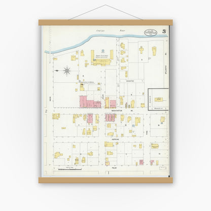 Old map wall art mockup — magnetic wood frame on white wall — Sanborn Fire Insurance Map from Titusville, Brevard County, Florida (1903), Sheet #0003
