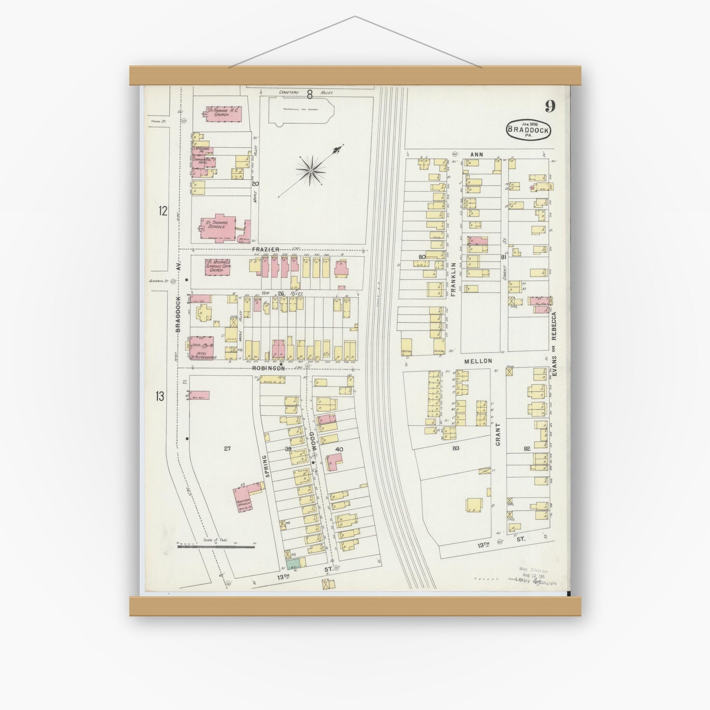 Old map wall art mockup — magnetic wood frame on white wall — Sanborn Fire Insurance Map from Braddock, Allegheny County, Pennsylvania (1896), Sheet #0009