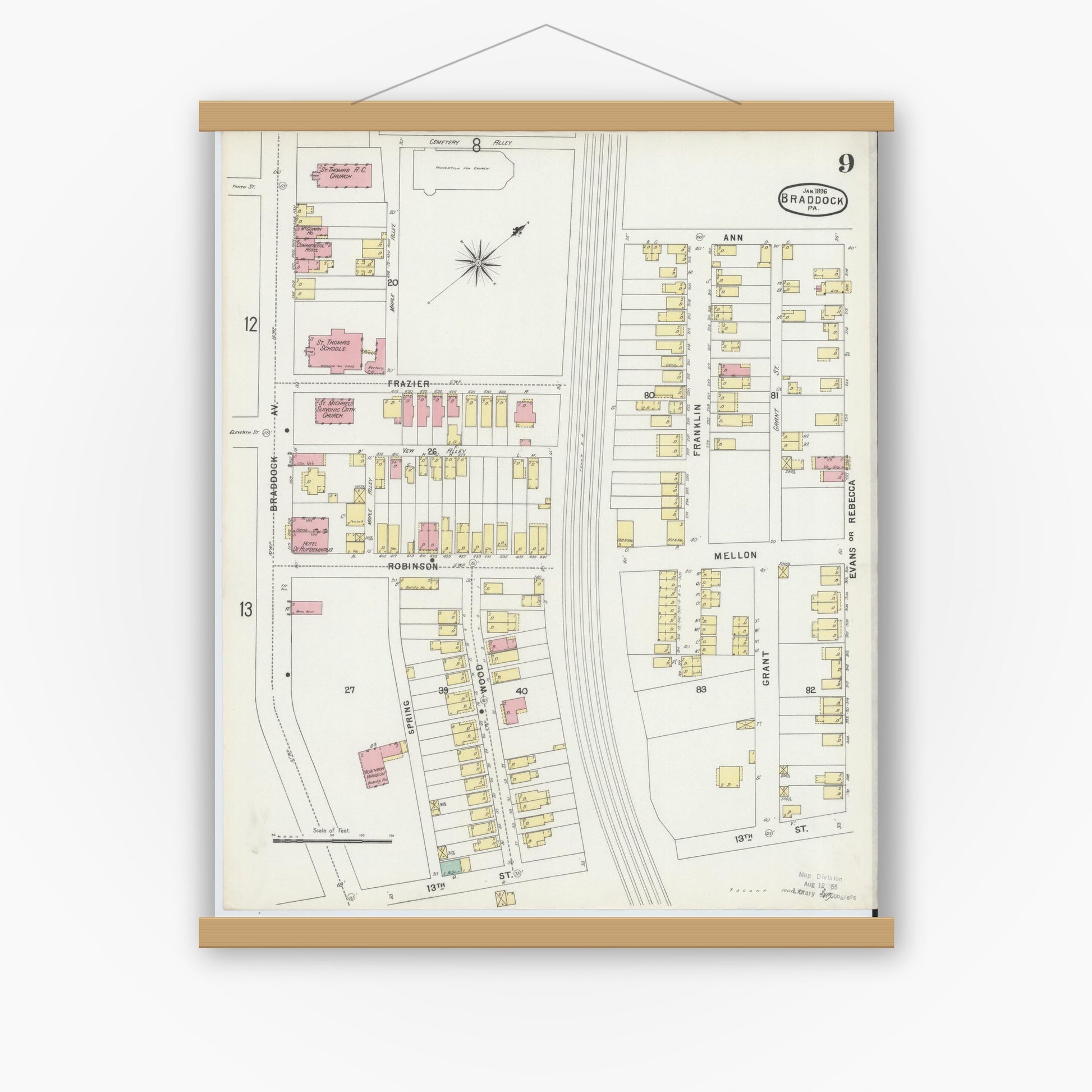 Old map wall art mockup — magnetic wood frame on white wall — Sanborn Fire Insurance Map from Braddock, Allegheny County, Pennsylvania (1896), Sheet #0009