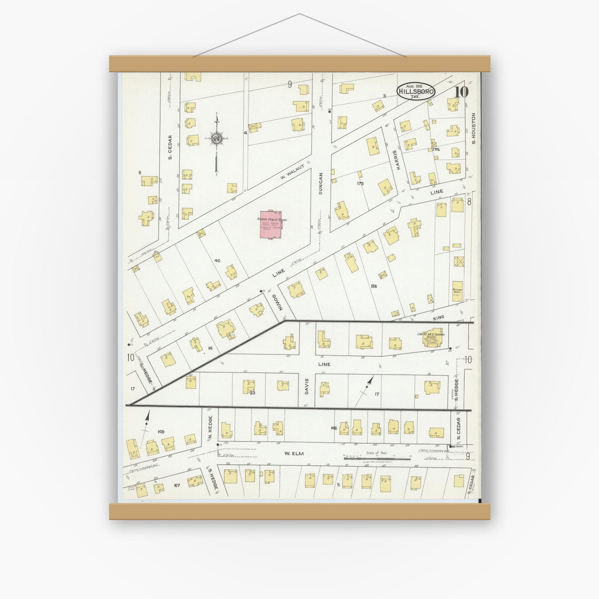 Old map wall art mockup — magnetic wood frame on white wall — Sanborn Fire Insurance Map from Hillsboro, Hill County, Texas (1918), Sheet #0010