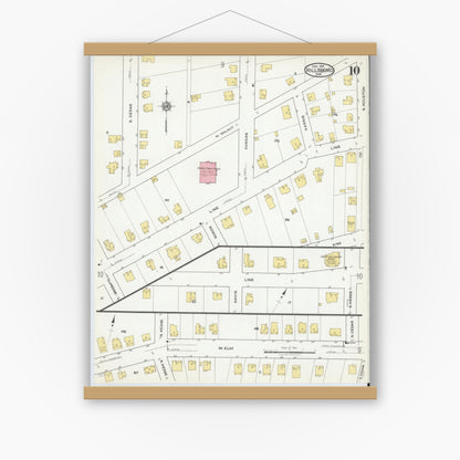 Old map wall art mockup — magnetic wood frame on white wall — Sanborn Fire Insurance Map from Hillsboro, Hill County, Texas (1918), Sheet #0010