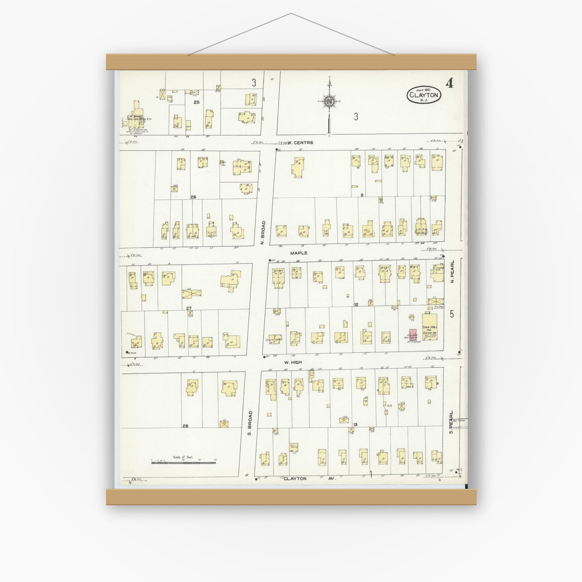 Old map wall art mockup — magnetic wood frame on white wall — Sanborn Fire Insurance Map from Clayton, Gloucester County, New Jersey (1910), Sheet #0004