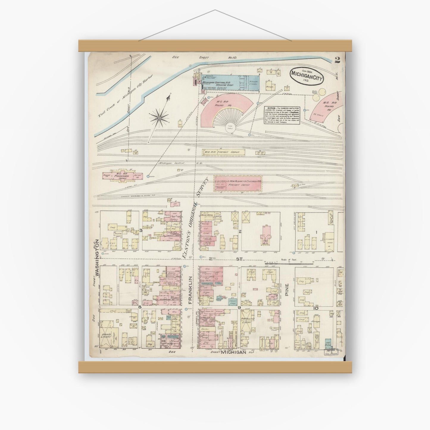 Old map wall art mockup — magnetic wood frame on white wall — Sanborn Fire Insurance Map from Michigan City, La Porte  County, Indiana (1884), Sheet #0002