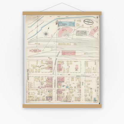 Old map wall art mockup — magnetic wood frame on white wall — Sanborn Fire Insurance Map from Michigan City, La Porte  County, Indiana (1884), Sheet #0002