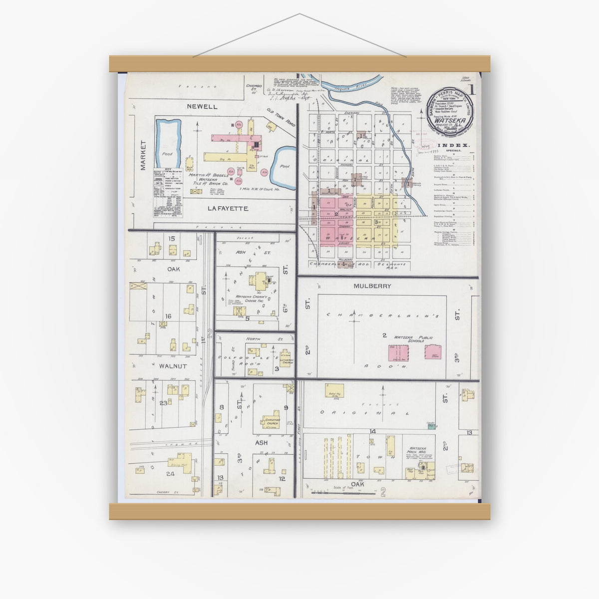 Old map wall art mockup — magnetic wood frame on white wall — Sanborn Fire Insurance Map from Watseka, Iroquois County, Illinois (1892) - Complete Map Set