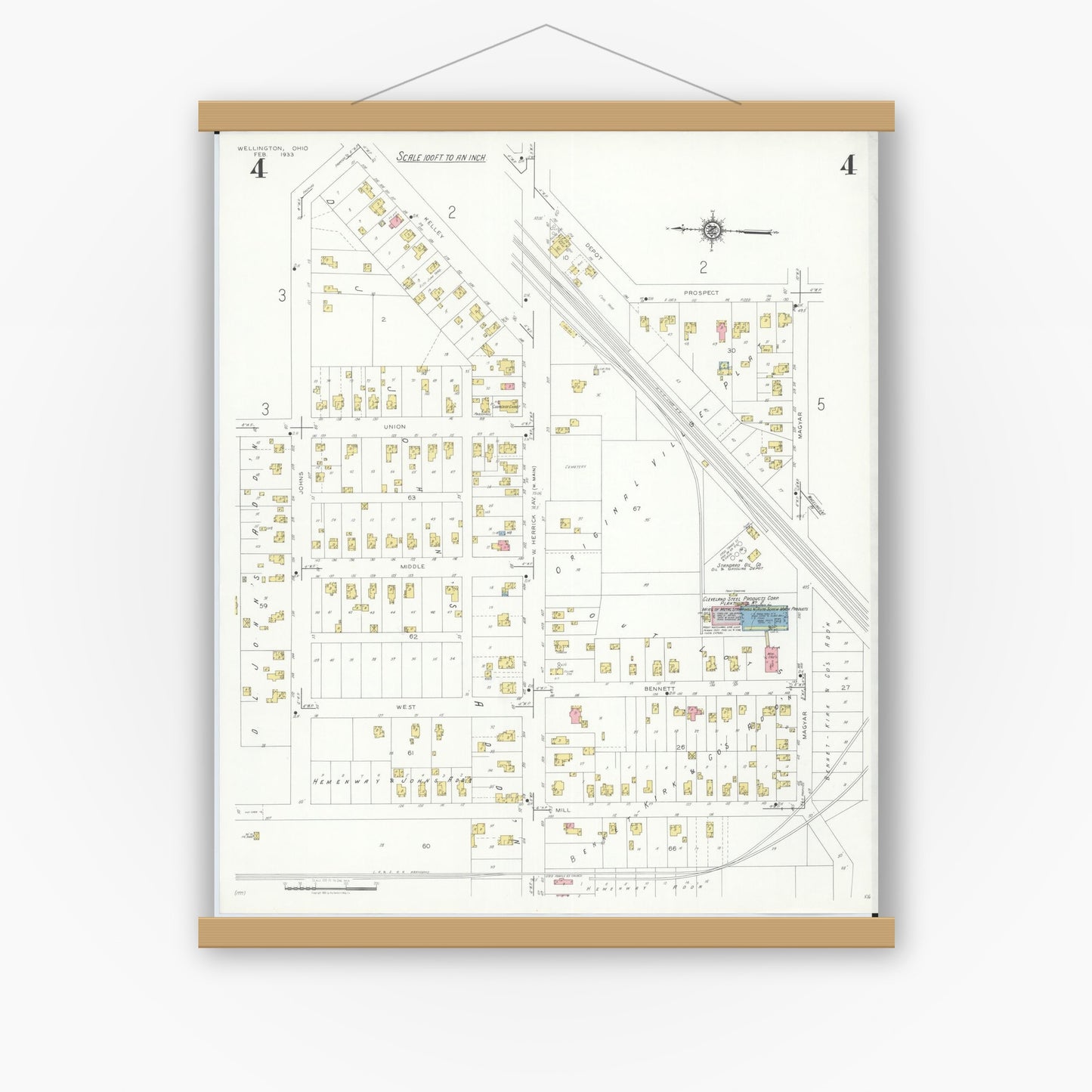 Old map wall art mockup — magnetic wood frame on white wall — Sanborn Fire Insurance Map from Wellington, Lorain County, Ohio (1933), Sheet #0004