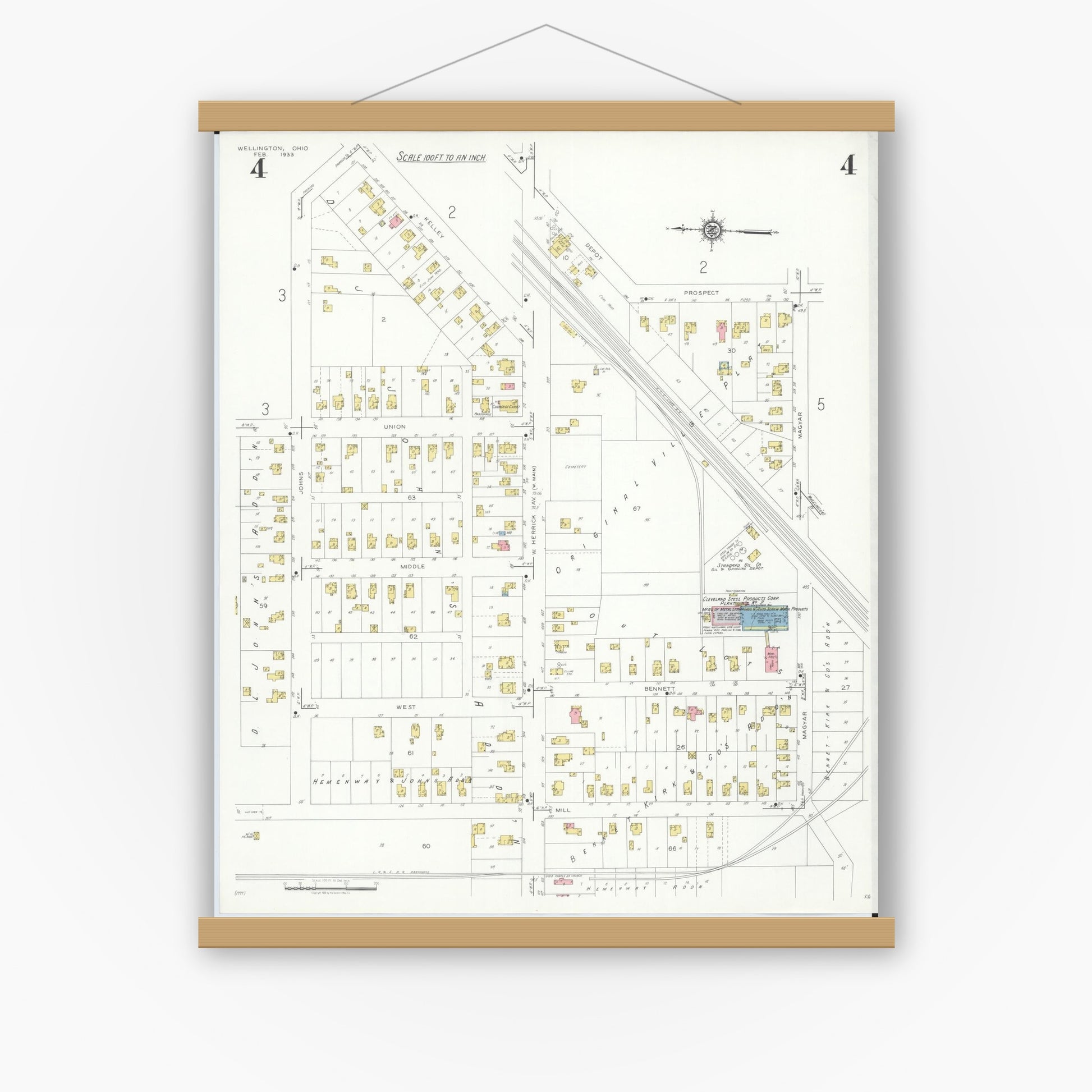 Old map wall art mockup — magnetic wood frame on white wall — Sanborn Fire Insurance Map from Wellington, Lorain County, Ohio (1933), Sheet #0004