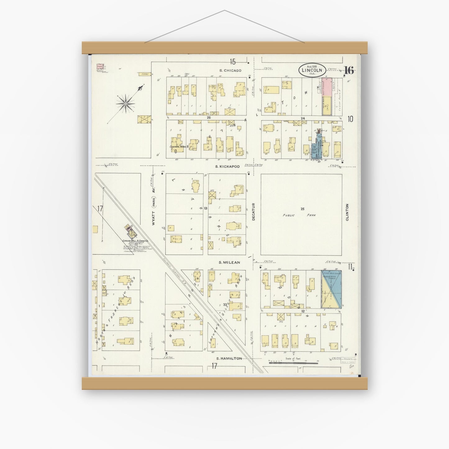 Old map wall art mockup — magnetic wood frame on white wall — Sanborn Fire Insurance Map from Lincoln, Logan County, Illinois (1909), Sheet #0016